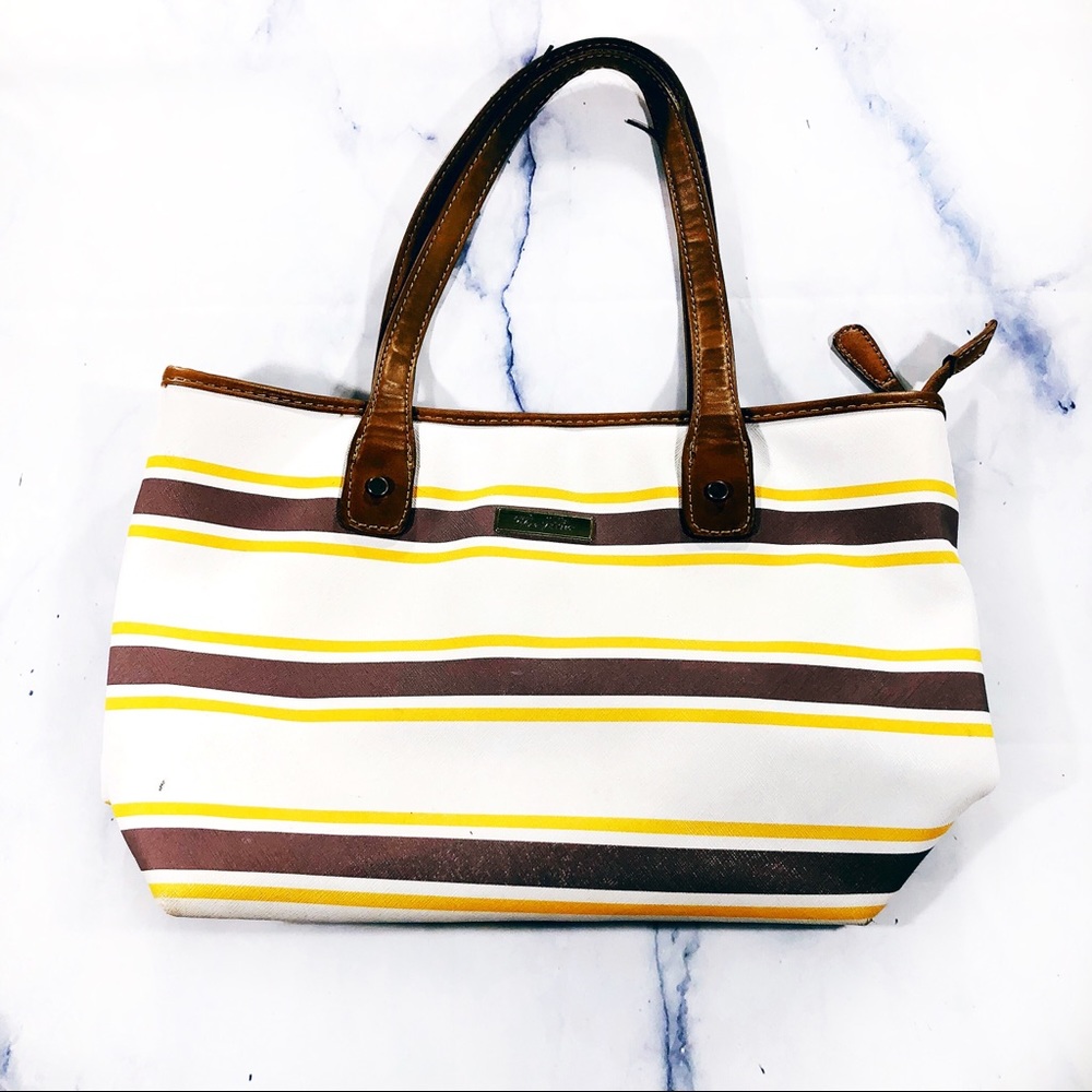 Marc Fisher White Brown Yellow Striped Tote Bag